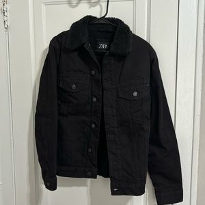 Zara Black Sherpa Lined Denim Jacket Size S